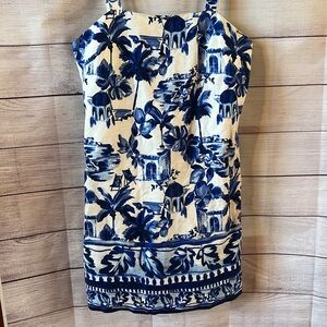 NWOT Linen Blend Strappy Shift Dress Blue White Mediterranean Euro Summer LOFT